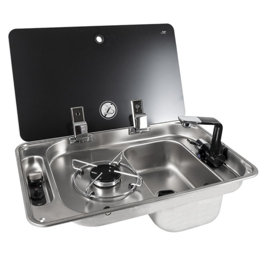 Gas stove CAN FL1323 with glass lid, 1 burner and sink, for camper/boat