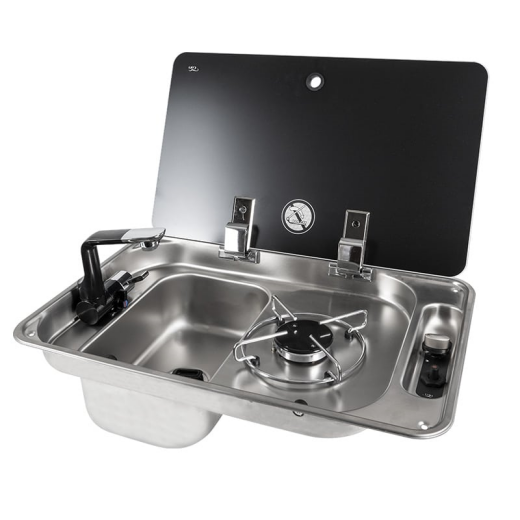 CAN FL1324 gas hob with glass lid, single burner and sink, ideal for motorhome/boat