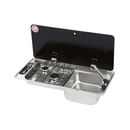 Gas stove CAN FL1400 with glass lid, 2 burners and sink, for camper/boat