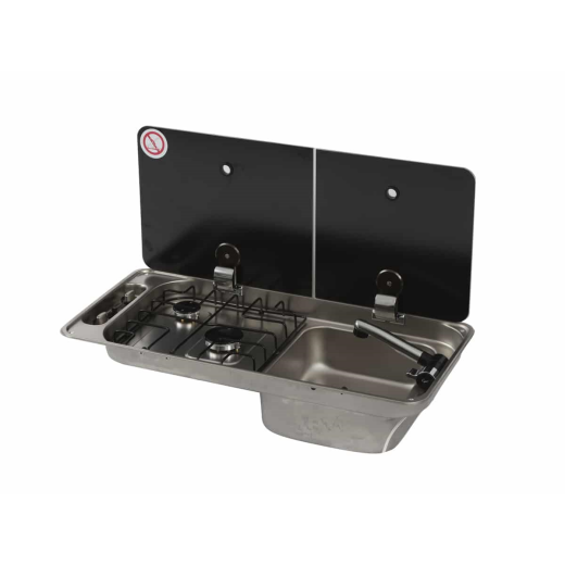 Gas stove CAN FL1401 with glass lid, 2 burners and sink, for camper/boat