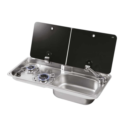 Gas stove CAN FL1765 with glass lid, 2 burners and sink, for camper/boat