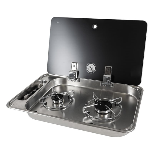 Gas Stove CAN FC1336 with Glass Lid, 2 Burners, for Camper/Boat